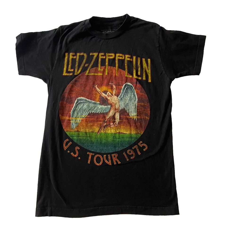 Led Zeppelin U.S. Tour 1975 Graphic T-Shirt Mens S Black Cotton Swan Song Rock